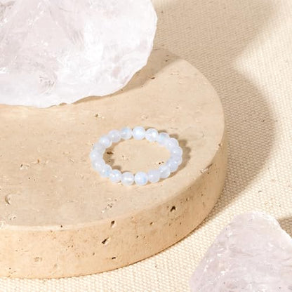 NLIEO Handmade Natural Gemstone Crystal Beaded Stretch Band Ring for Women | Handmade, 3mm Natural Stone, Size 7-12, Stretchy, Beaded Jewelry, Green Bead Rings, Trendy Jewelry Gift - style: Moonstone