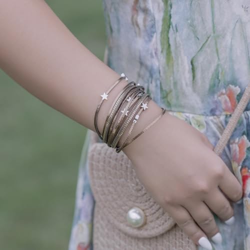 Boho Cute Star Leather Wrap Bracelets Stackable Western Chunky Jewelry | Bohemian Statement Layered Stack Magnetic Clasp Cuff Bangle Fashion Festival Hippie Cowgirl Country Outfits for Women Trendy - color: Bronze