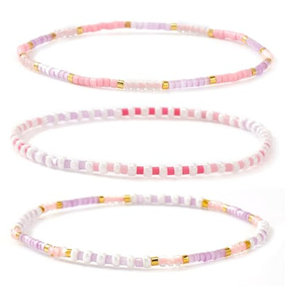 Dainty Gold Plated Tiny Ball Colorful Beaded Stack Bracelets Sets for Women,3Pcs Stackable Cute Bracelet Stretch Trendy Ball Jewelry Friendship Gift - color: light pink