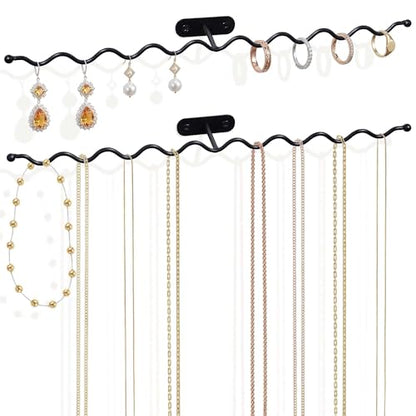 Jewelry Wall Mounted Organizer: 16" Wavy Necklace Storage for Apartment | Necklace Holder Organizer, Heavy Duty Jewelry Hanger for Gift Giving - 2 Pack - size: 16 inch
