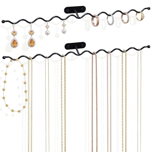 Jewelry Wall Mounted Organizer: 16" Wavy Necklace Storage for Apartment | Necklace Holder Organizer, Heavy Duty Jewelry Hanger for Gift Giving - 2 Pack - size: 16 inch