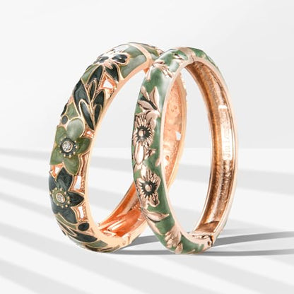 UJOY Cloisonne Bracelet Lotus Flower Plated Cuff Bangle Enameled Jewelry Bracelets Gift for Women Pack in Case 88B16 - color: A11-2 Pcs Set-Green