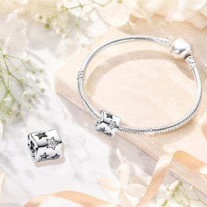 S925 Sterling Silver Cute Bead Charm for Pandora Bracelets and Necklaces | Lucky Clover Cute Animal Pink Bow Cherry Butterfly Pendant Bead Charms Jewelry Making Gifts for Women Valentines Mother's Day - style: Hollow Star Bead Charm
