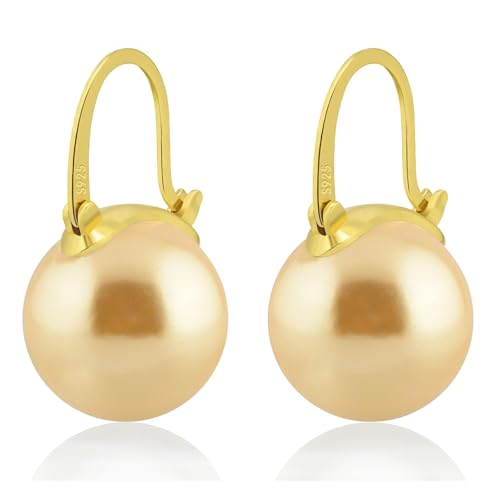 HUGE TOMATO 925 Sterling Silver Simulated Shell Pearl Earrings for Women Trendy, Big Pearl Drop Earrings Leverback Stud,18K Gold Plated Large Pearl Hoop Dangle Hypoallergenic Jewelry 14mm - color: Yellow Gold