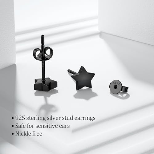 JIAYIQI Minimalist 925 Sterling Silver Stud Earrings Set, 14K Gold Plated Hypoallergenic Tiny Bar Dot Heart Star Studs for Women & Men - style: Black-Star-1Pair