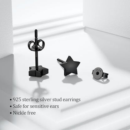 JIAYIQI Minimalist 925 Sterling Silver Stud Earrings Set, 14K Gold Plated Hypoallergenic Tiny Bar Dot Heart Star Studs for Women & Men - style: Black-Star-1Pair