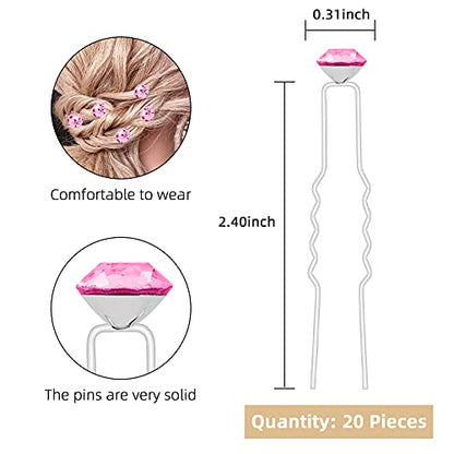 QIUTIMIY 20 Pack (Pink) Rhinestone Hair Pins Crystal Hair Clips for Bridal Wedding Women Hair Jewelry Accessories, with Clear Container - color: Rhinestone-Pink