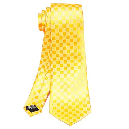 5PCS Mens Silk Tie, Pocket Square, Cufflinks, Drilled Tie Ring and Lapel Pin Set for Wedding Groom Party - color: Yellow Plaid Tie Set -129+22