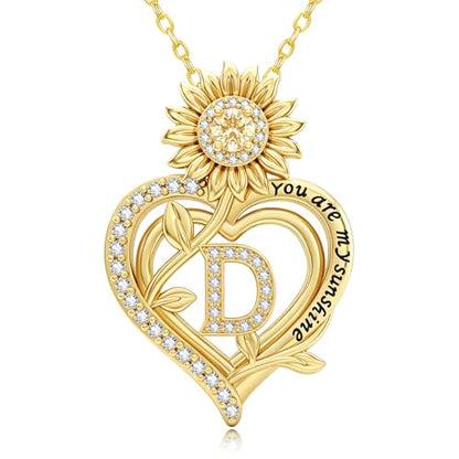 14K Gold Sunflower Initial Necklaces for Women | Heart Letter Pendant You Are My Sunshine Jewelry Gifts - style: D