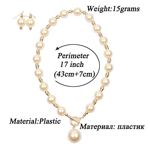 COLORFUL BLING Chunky Multicolor Simulated Pearl Choker Necklace Drop Dangle Earrings Bracelet Set Crystal Bib Big Large Round Beaded Strand for Women Brides Costume Statement 1920s Wedding Jewelry - color: White