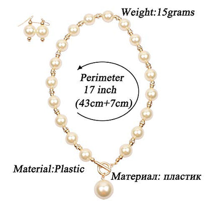 COLORFUL BLING Chunky Multicolor Simulated Pearl Choker Necklace Drop Dangle Earrings Bracelet Set Crystal Bib Big Large Round Beaded Strand for Women Brides Costume Statement 1920s Wedding Jewelry - color: White