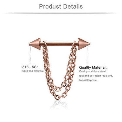 Ruifan Surgical Steel Nipple Shield Rings Tongue Barbell Piercing Jewelry Retainer 14G 5/8Inch Chain Dangle Clear CZ For Women Men 2-20PCS - color: 2PCS - Rose Gold w Spikes