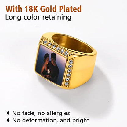 FindChic Customized Signet Photo Rings Square/Heart/Round Chunky Band Ring Stainless Steel/18K Gold Plated/Black Size 7 to 14 Personalized Jewelry for Men Women, Send Gift Box - color: 01. square (gold)