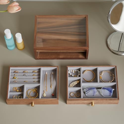 Black Walnut Jewelry Organizer, 2 Layer | Wooden Jewelry Box, For Women, For Necklaces Ring Earring - size: 2 Layer
