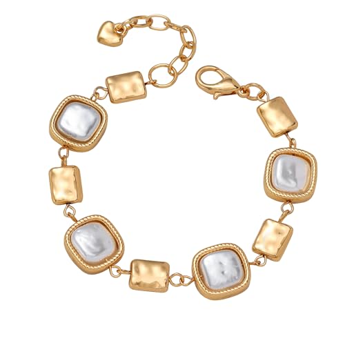 14K Gold & Silver Plated Lightweight Link Bracelet for Women | Stackable Bracelets ,14K Gold Plated Bracelets with CZ,Lightweight Trendy Chain Bracelet Jewelry Gift - style: square&pearl