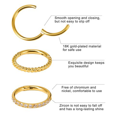 4PCS Nose Ring Hoop 316 Surgical Steel Double Hoop Septum Rings 18g 16g Piercing Jewelry with Zircon Spiral for Women Men Nose Septum Lip 8mm