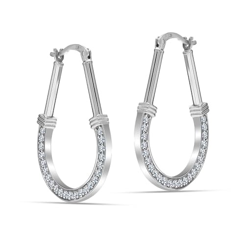 LeCalla 925 Sterling Silver Hoop Earrings for Women | Italian Design Classic Diamond-Cut Textured Hoops Earring | Women's Oval Drop Shape Silver Earring Jewelry - color: Large Zirconia