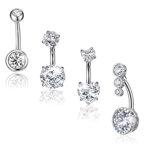 4pcs Belly Piercing Jewelry, 14G Stainless Steel Silver Belly Button Rings, Navel Piercing Jewelry Cz Belly Piercings Cute Heart Belly Button Ring for Beach Festival Daily