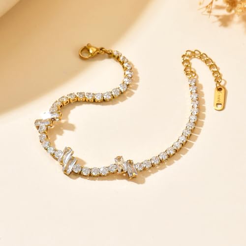 18K Gold Plated Cubic Zirconia Tennis Bracelet for Women Sparkling Stackable Stainless Steel Jewelry Hypoallergenic Tarnish Resistant Bridal Gift - color: White Baguette CZ-Gold