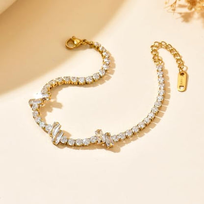 18K Gold Plated Cubic Zirconia Tennis Bracelet for Women Sparkling Stackable Stainless Steel Jewelry Hypoallergenic Tarnish Resistant Bridal Gift - color: White Baguette CZ-Gold