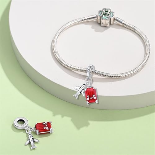 Pandach 925 Sterling Silver Charms for Bracelets and Necklaces Travel Round The World Beads Charms Relaxation Dangle Pendant,Jewelry Beads Gifts for Women - style: Red Luggage Charms