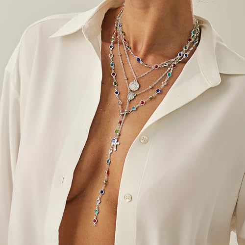 Silvery Layered Necklace for Women, Y Necklace with Cross Pendant, Dainty Stackable Jewelry Gift for Everyday Wear - style: 4PCS - Colorful Chain&Rotundity&Cross Y Bead Chain&Colorful Chain