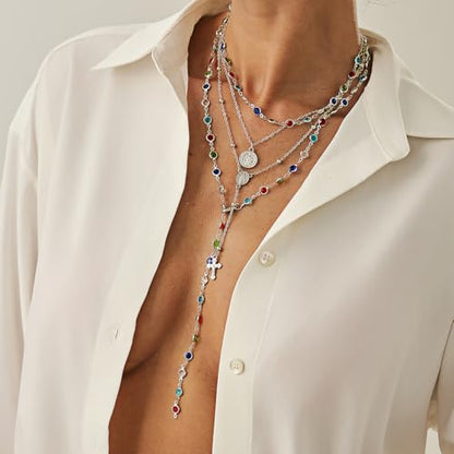 Silvery Layered Necklace for Women, Y Necklace with Cross Pendant, Dainty Stackable Jewelry Gift for Everyday Wear - style: 4PCS - Colorful Chain&Rotundity&Cross Y Bead Chain&Colorful Chain