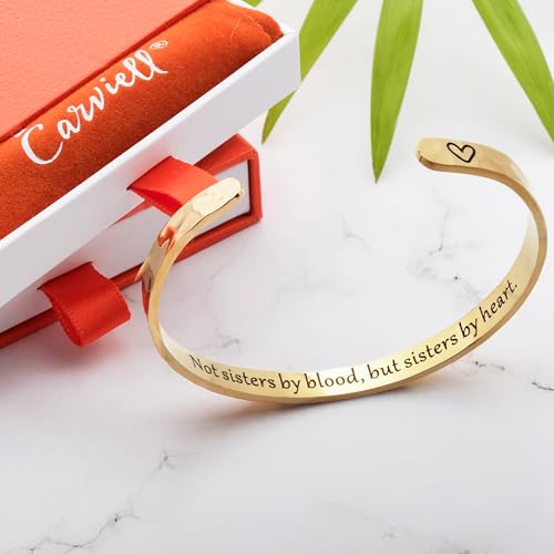 Carviell Bracelet - Gifts for Women – Inspirational, Friendships, Love, Mom, Daughters, Sisters, Christian, Graduations, Memorials & Wedding Gifts – 100+ Phrases – Stainless Steel, Gift Ready - color: FRIENDSHIP Gift - Not sisters by blood, but sisters by