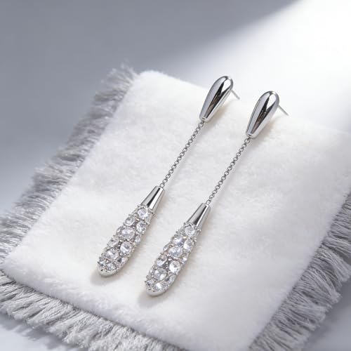 Trendy Silver Water Drop Dangle Earrings for Women - Sparkly Crystal Long Tassel Earrings