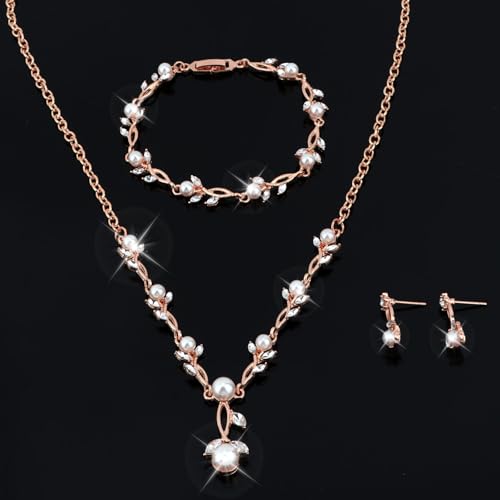 Bridal Jewelry Sets for Women Wedding Jewelry for Women | Cubic Zirconia Wedding Jewelry for Women Pearl Pendant Necklace Earrings Set - color: Rose gold