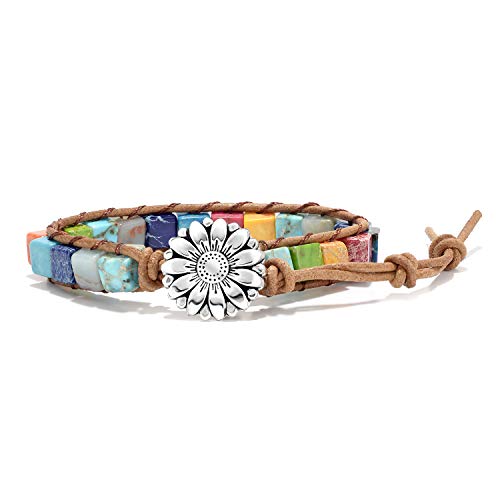 sedmart 7 Chakra Bracelets for Women with Real Stones Leather Wrap Healing Bead Bracelet Women Men Boho Friendship Jewelry - color: A2 Colorful flower button & square stone