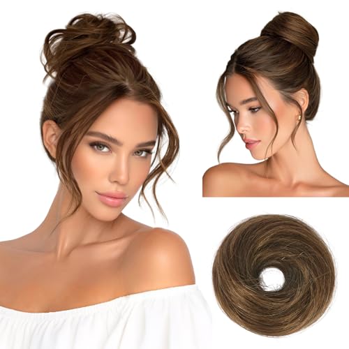RUWISS 100% Human Hair Bun Small Messy Bun Hair Piece, One Hairpiece Two Styles Mini Natural Looking Scrunchies Updo for Daily, Hair Buns for Thin & Fine Hair Women Ponytail Extension (Medium Brown) - color: 4#-1 Medium Brown