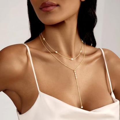 Zeffy Lariat Gold Necklace for Women, Dainty Long Necklace 14k Gold/Silver Plated Layered CZ Beaded Bar Chain Y-Shaped Body Chain Stack Drop Wedding Necklace Trendy Simple Gold Jewelry Gifts - color: Gold CZ Layered Y Necklace(2PCS)