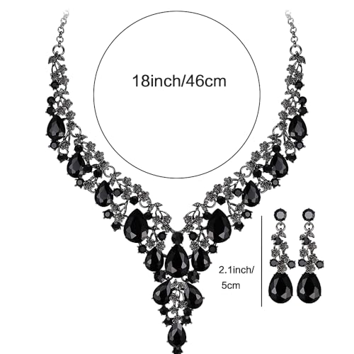 Bridal Bridesmaid Austrian Crystal Jewelry Set, Floarl rhinestone Statement Neckace Teardrop Necklace Drop Dangle Earrings Set - color: Black