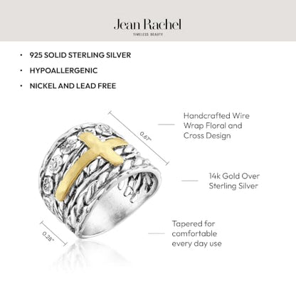 JEAN RACHEL JEWELRY 925 Sterling Silver Mixed Metal Cross Ring, Two-Tone Textured Wide Hammered Statement Band for Women