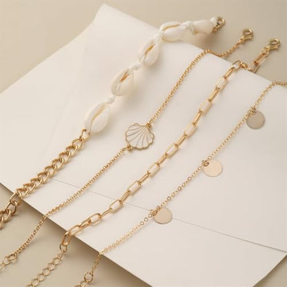 Shell Ankle Bracelet Set for Women,Boho Adjustable Beads Anklet Pack Natural White Shells Stack Stretch Seashell Pearl Starfish Bracelet Set Hawaiian Beach Vacation Foot Jewelry - style: D-Shell Disc 4Pcs