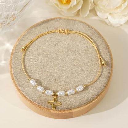 Boho Glass Seed Beaded Bracelets For Women, Handmade Romantic Gold Plated charm String Braided Rope Adjustable Jewelry, Summer Beach Daily Party Friendship Gift - color: Pearl Cross