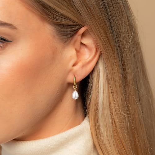 Robaice Pearl Earrings for Women, 14K Gold Plated Dangle Drop Earrings | Small Pearl Drop Huggie Hoop Earrings, Hypoallergenic Dainty Gold Earrings, Wedding Jewelry Gifts for Women Trendy - style: small drop pearl earrings