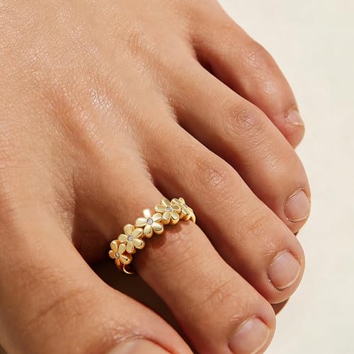 925 Sterling Silver Daisy Toe Ring for Women | 14K Gold Plated Flowers Green CZ Band Open Foot Ring Adjustable Toe Ring Elegant Summer Beach Foot Jewelry Wedding Gifts - color: Daisy
