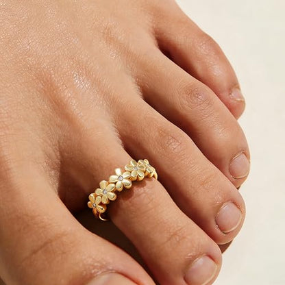 925 Sterling Silver Daisy Toe Ring for Women | 14K Gold Plated Flowers Green CZ Band Open Foot Ring Adjustable Toe Ring Elegant Summer Beach Foot Jewelry Wedding Gifts - color: Daisy