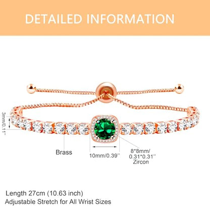 Sparkling CZ Tennis Bracelets for Women, Birthstone Slider Bolo Bracelets Trendy Birthday Valentine's Day Jewelry for Women Lady - color: Green