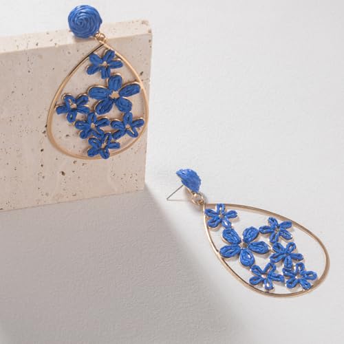 Boho Raffia Flower Teardrop Earrings Cute Colorful Dangle Trendy Jewelry | Floral Drop Statement Big Dangling Earring Hypoallergenic Gold Fun Unique Summer Spring Beach Vacation Outfits for Women - color: Royal Blue