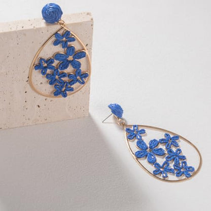 Boho Raffia Flower Teardrop Earrings Cute Colorful Dangle Trendy Jewelry | Floral Drop Statement Big Dangling Earring Hypoallergenic Gold Fun Unique Summer Spring Beach Vacation Outfits for Women - color: Royal Blue