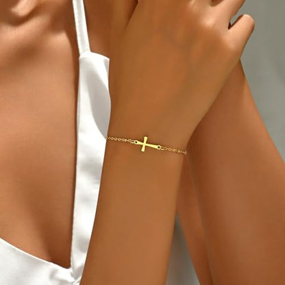 18K Gold Plated Pearl Beaded Cross Bracelets for Women Adjustable Stainless Steel Dainty Thin Gold Box Cuban Twisted Link Chain Bracelet Bridesmaid Jewelry Gifts - color: Satellite Cross-Gold