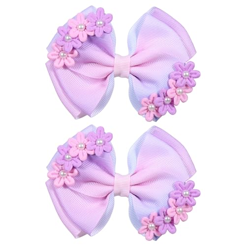 4in Pearl Flower Hair Bows Girls Pink Purple Ribbon Hair Bow Alligator Clips Floral Hair Pins Birthday Wedding Party Dress Summer Outfit Decor Accessories for Toddler Teens Kids - color: Pink Purple