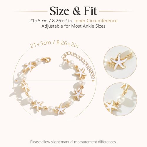Fesciory Shell Ankle Bracelets for Women, Gold Plated Boho Beach Anklet Set | Adjustable Pearl Bead Anklet Set with Starfish, Conch and Seashell Charms for Beach Outfits, Vacations, Parties and Gifts - color: Gold-8