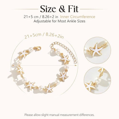Fesciory Shell Ankle Bracelets for Women, Gold Plated Boho Beach Anklet Set | Adjustable Pearl Bead Anklet Set with Starfish, Conch and Seashell Charms for Beach Outfits, Vacations, Parties and Gifts - color: Gold-8