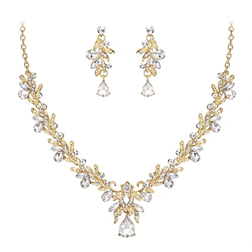Women's Wedding Jewelry Set Leaf Flower for Bridal Prom Party | Stunning Crystal Teardrop Marquise Cluster Pendant Necklace Dangle Earrings Set for Bride Bridesmaid - color: 03-Clear Gold-Plated-Base