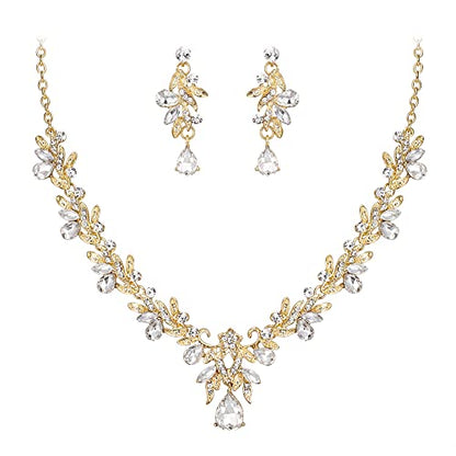 Women's Wedding Jewelry Set Leaf Flower for Bridal Prom Party | Stunning Crystal Teardrop Marquise Cluster Pendant Necklace Dangle Earrings Set for Bride Bridesmaid - color: 03-Clear Gold-Plated-Base