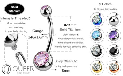 OUFER Titanium Belly Button Rings, Internally Threaded Belly Ring, Round CZ Navel Rings for Women Men - color: Pink, size: 1.6*10MM